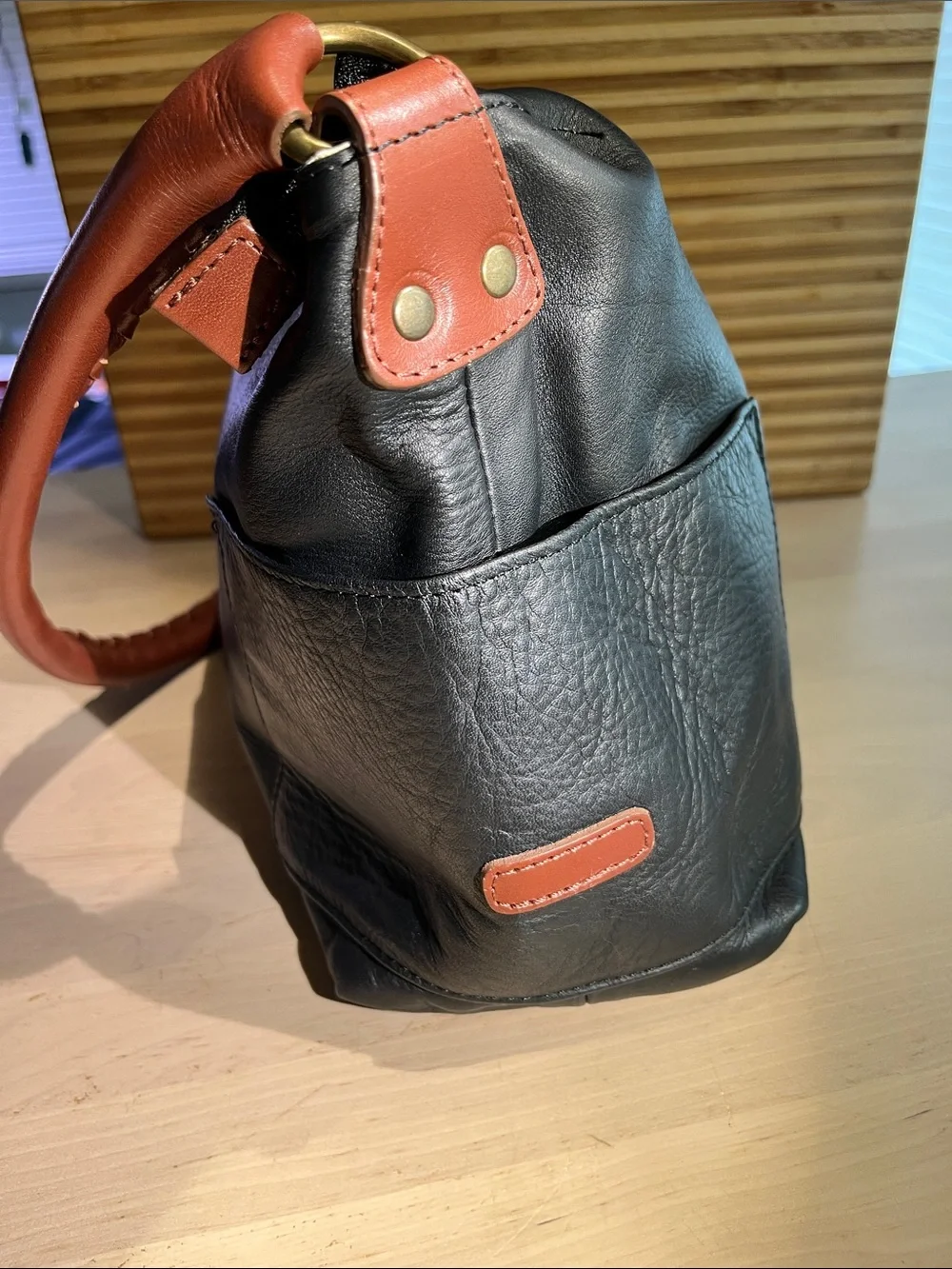 Sundance Black/Chestnut Brown Leather Accent with Cream Interior hobo bag